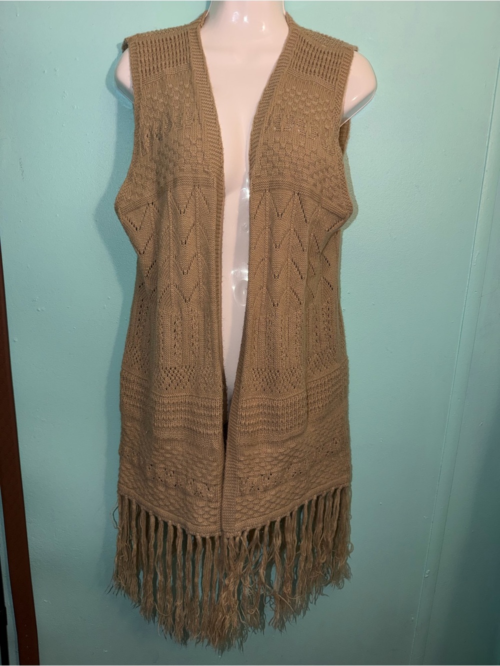Fringed Open Front Knit Vest - Beige